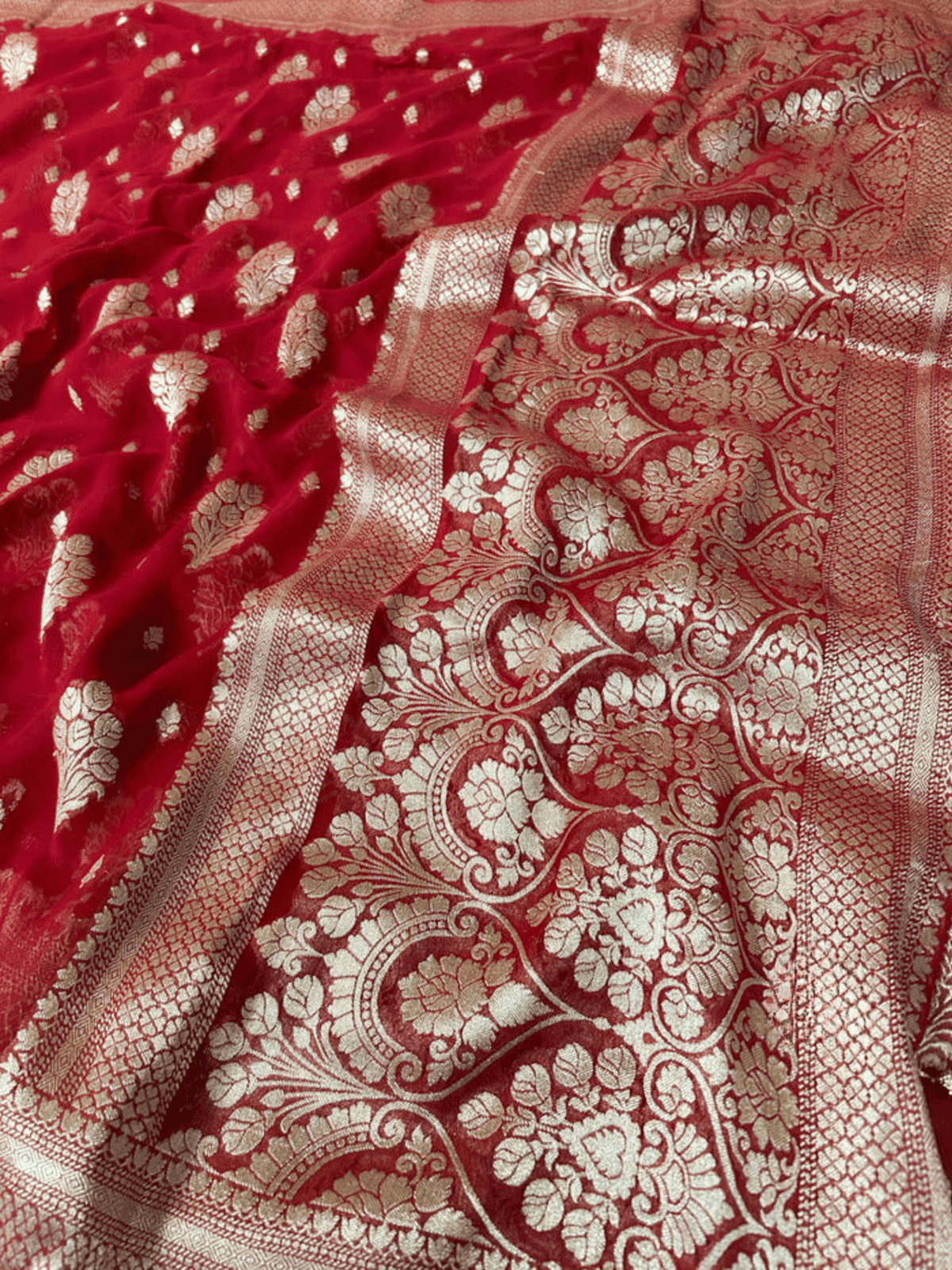 Scarlet Red Georgette Saree with Banarasi Khaddi Patterns