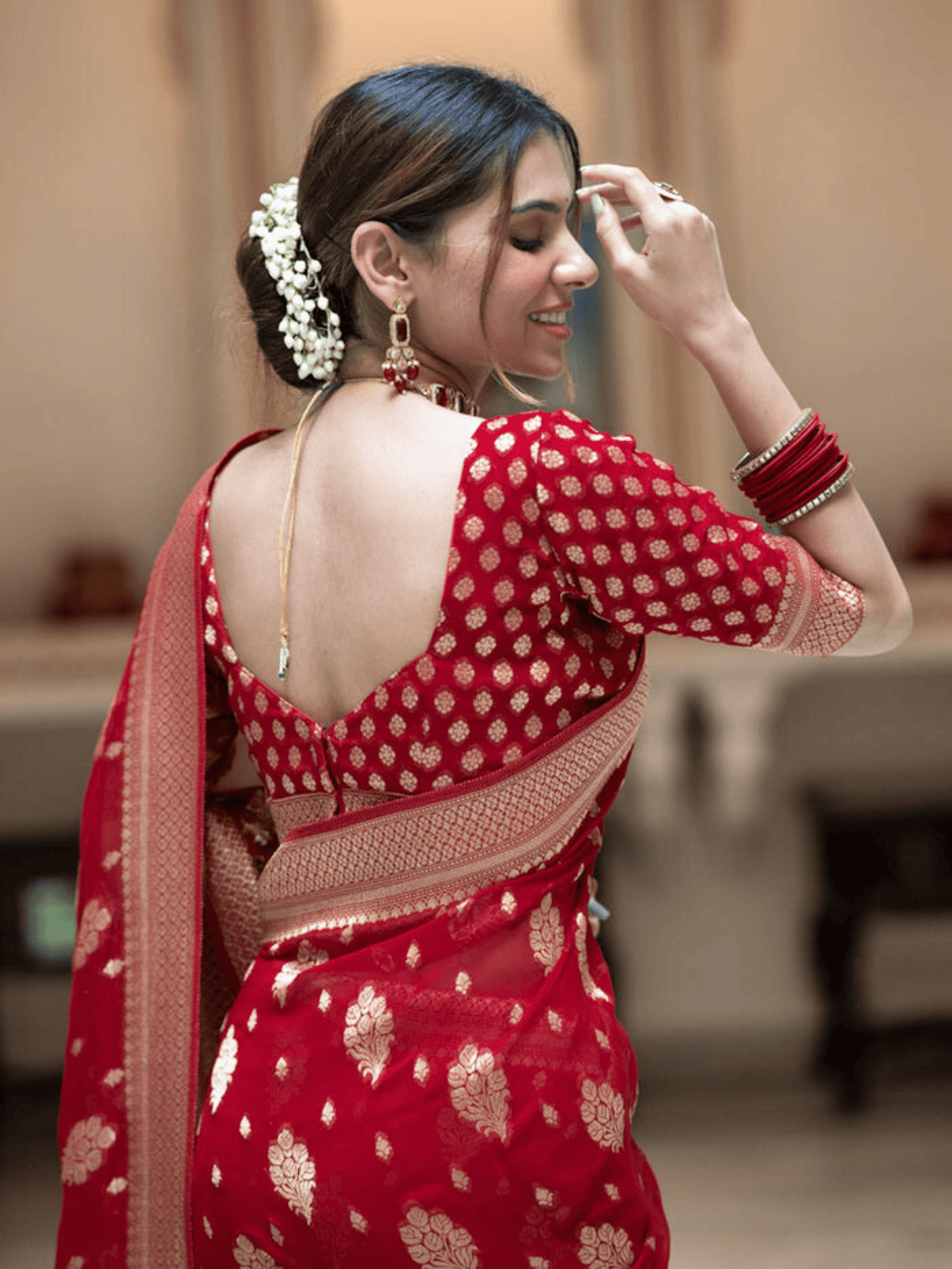 Scarlet Red Georgette Saree with Banarasi Khaddi Patterns