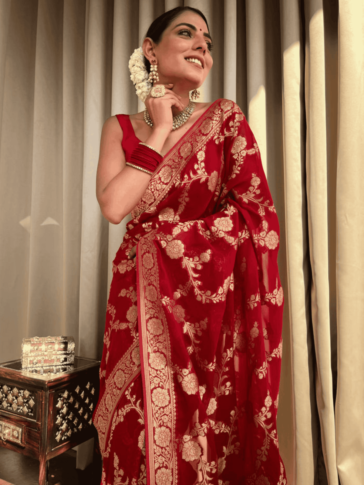 Scarlet Splendor Banarasi Khaddi Georgette Saree with Zari Weave