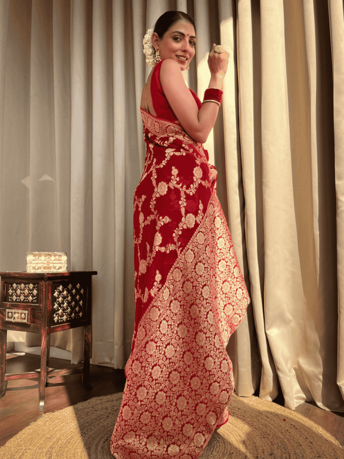 Scarlet Splendor Banarasi Khaddi Georgette Saree with Zari Weave