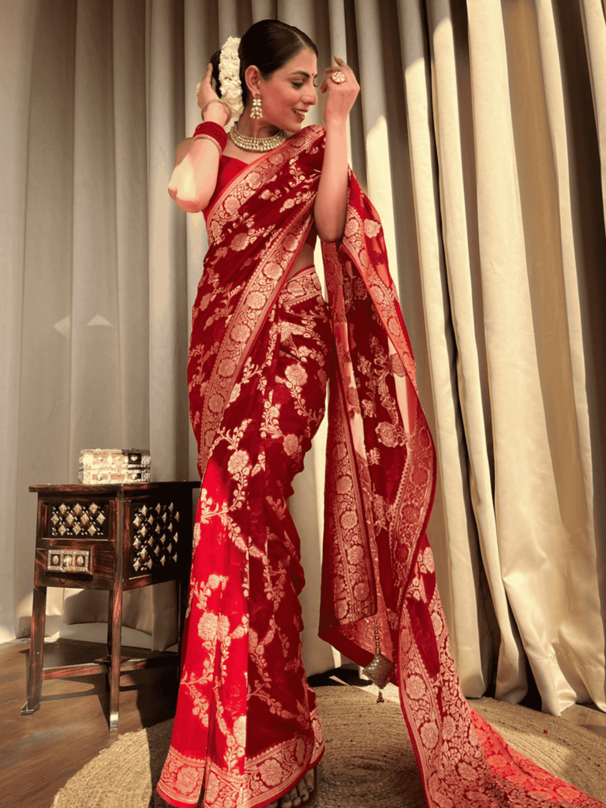 Scarlet Splendor Banarasi Khaddi Georgette Saree with Zari Weave