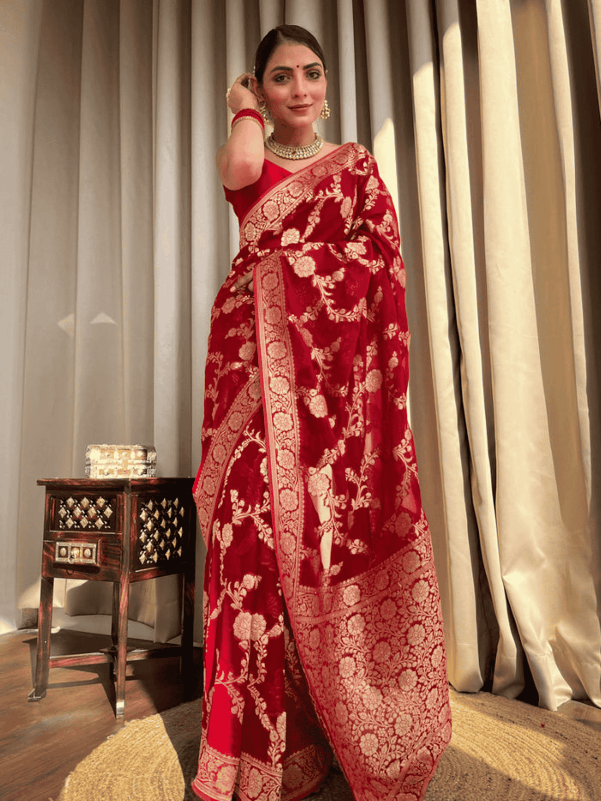 Scarlet Splendor Banarasi Khaddi Georgette Saree with Zari Weave