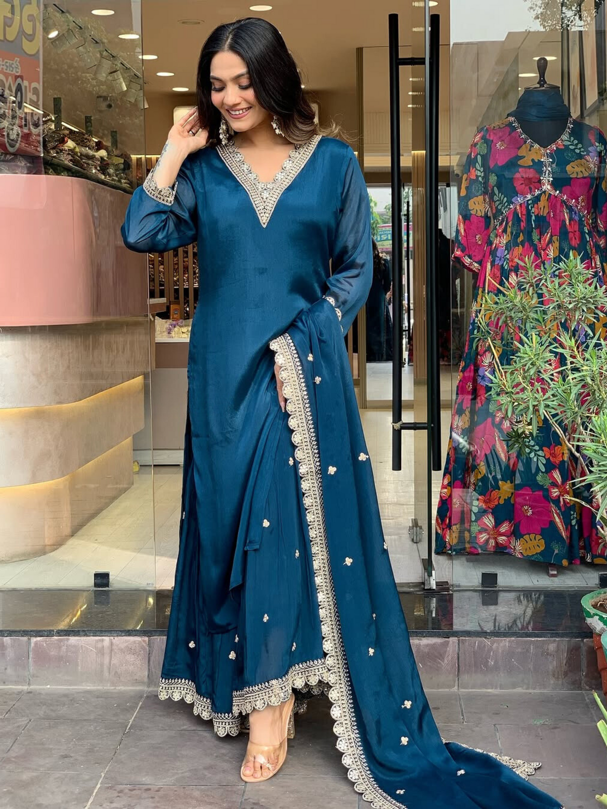 Teal Roman Satin Kurti Set with Embroidered Dupatta