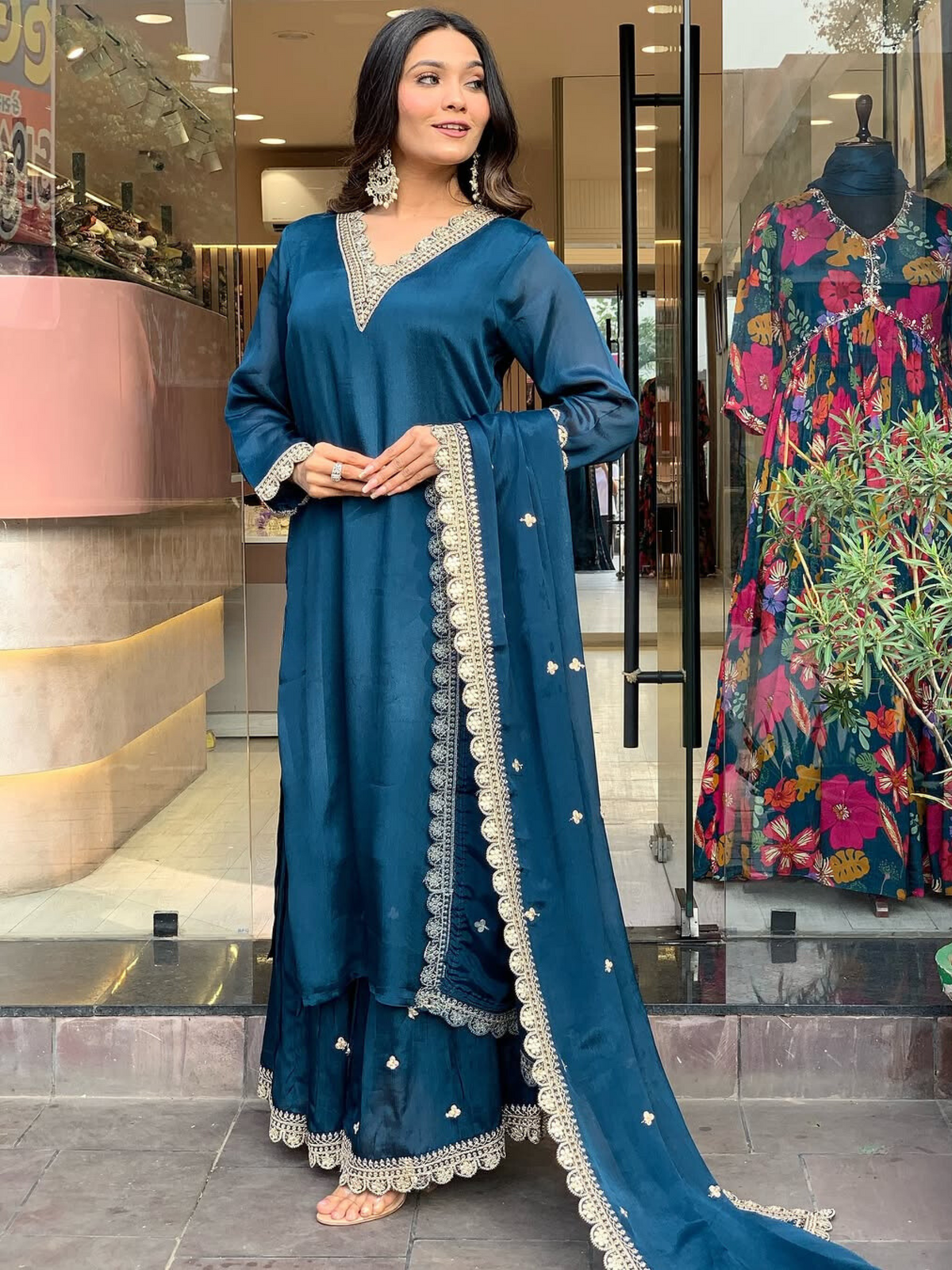 Teal Roman Satin Kurti Set with Embroidered Dupatta