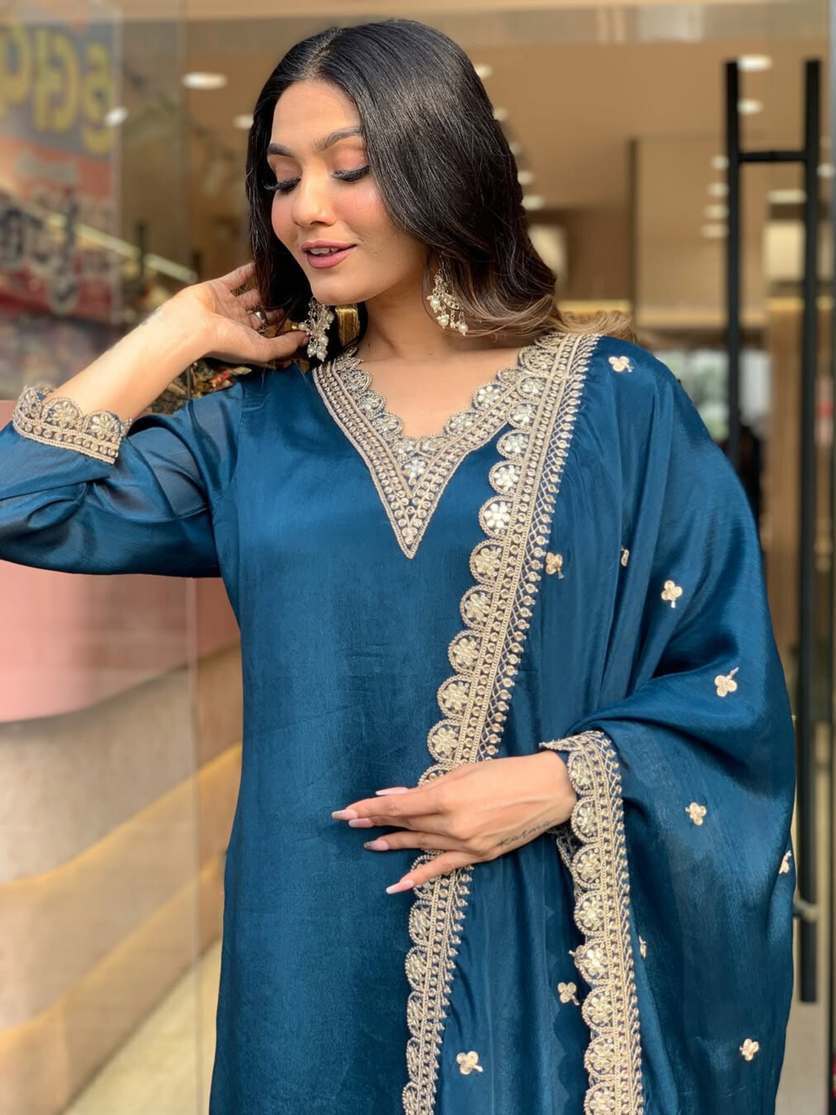 Teal Roman Satin Kurti Set with Embroidered Dupatta