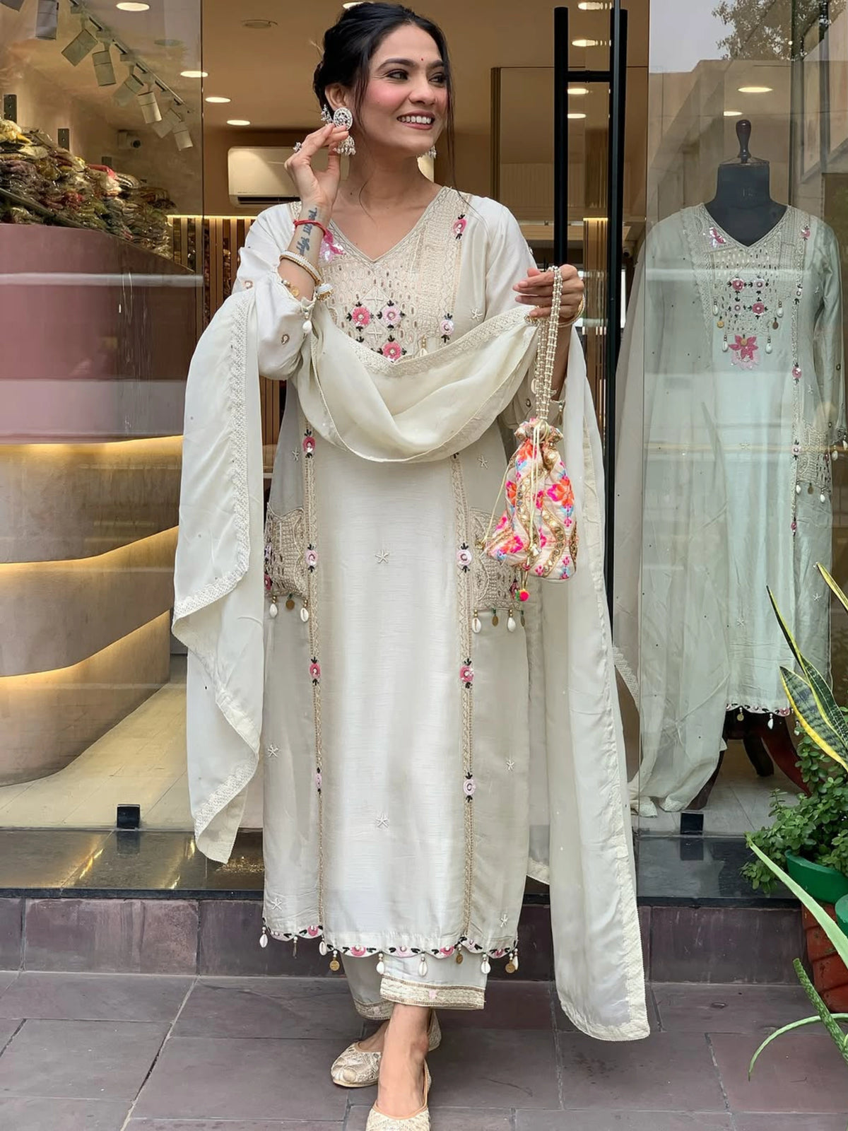 White Silk Anarkali with Embroidered Detailing