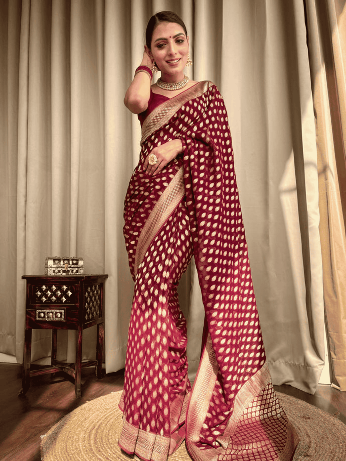 Wine Banarasi Khaddi Weaved Georgette Saree with zari weave