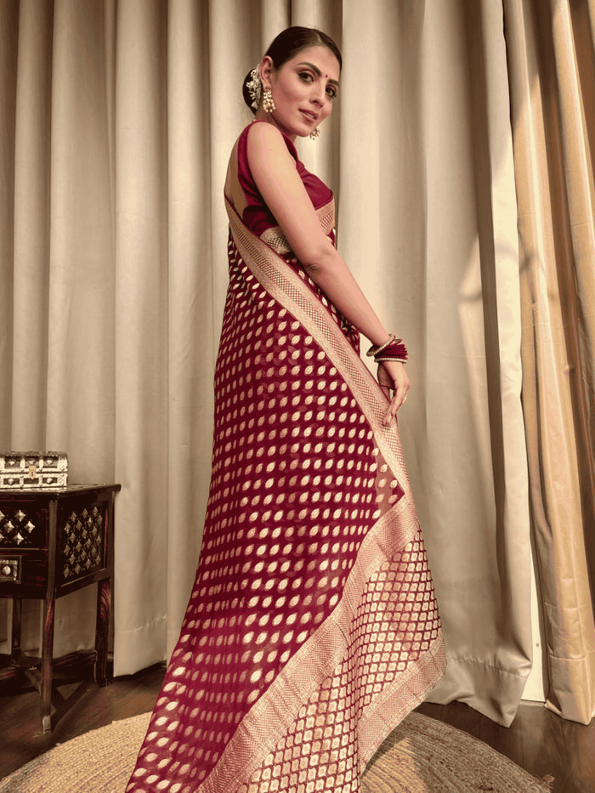 Wine Banarasi Khaddi Weaved Georgette Saree with zari weave