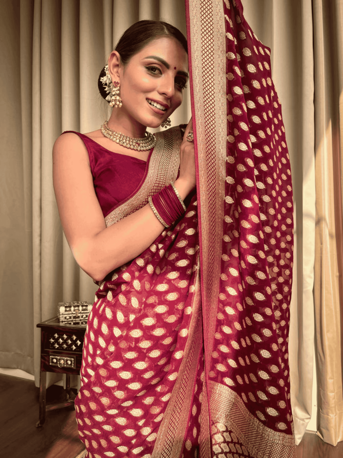 Wine Banarasi Khaddi Weaved Georgette Saree with zari weave
