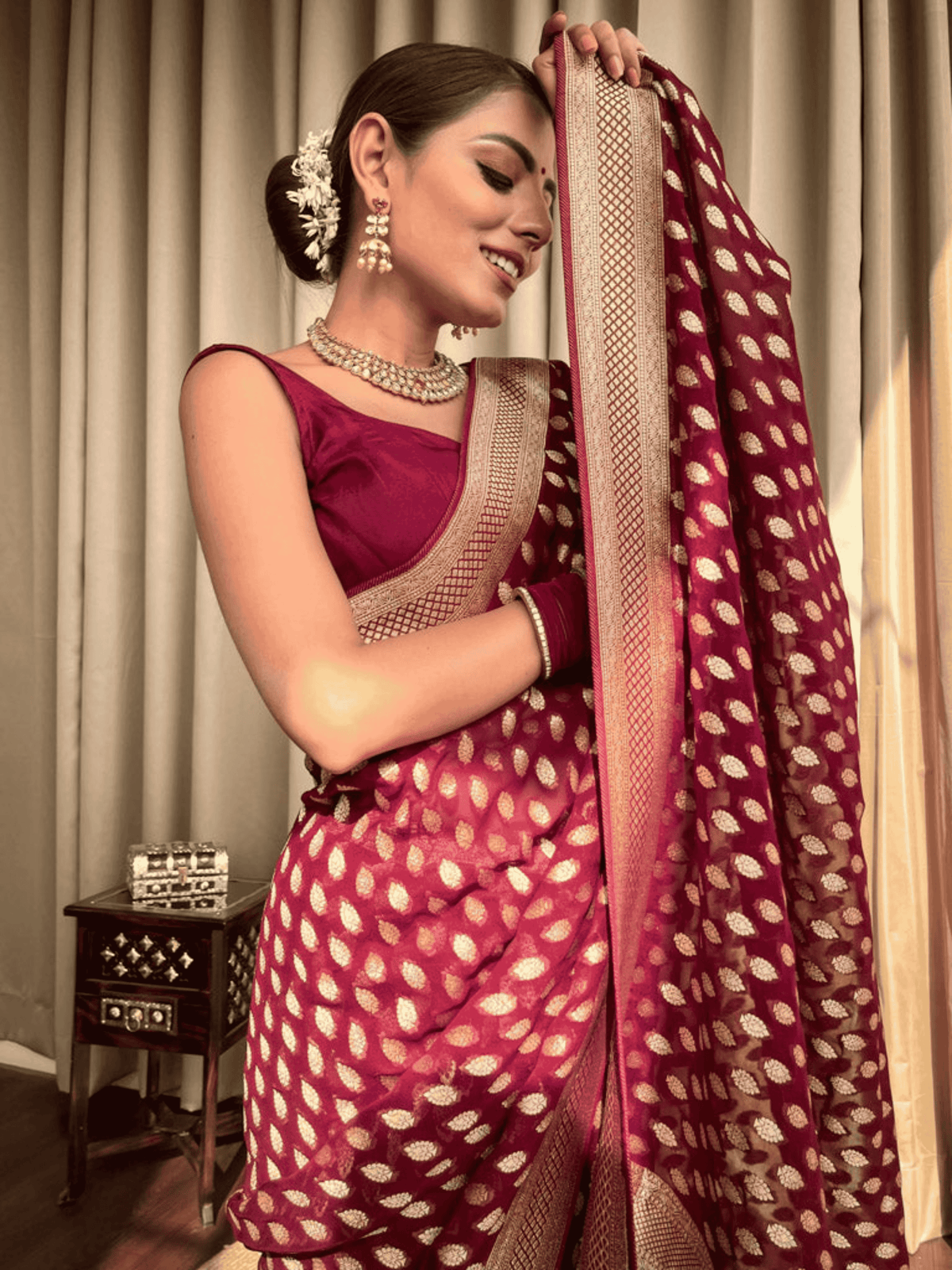 Wine Banarasi Khaddi Weaved Georgette Saree with zari weave
