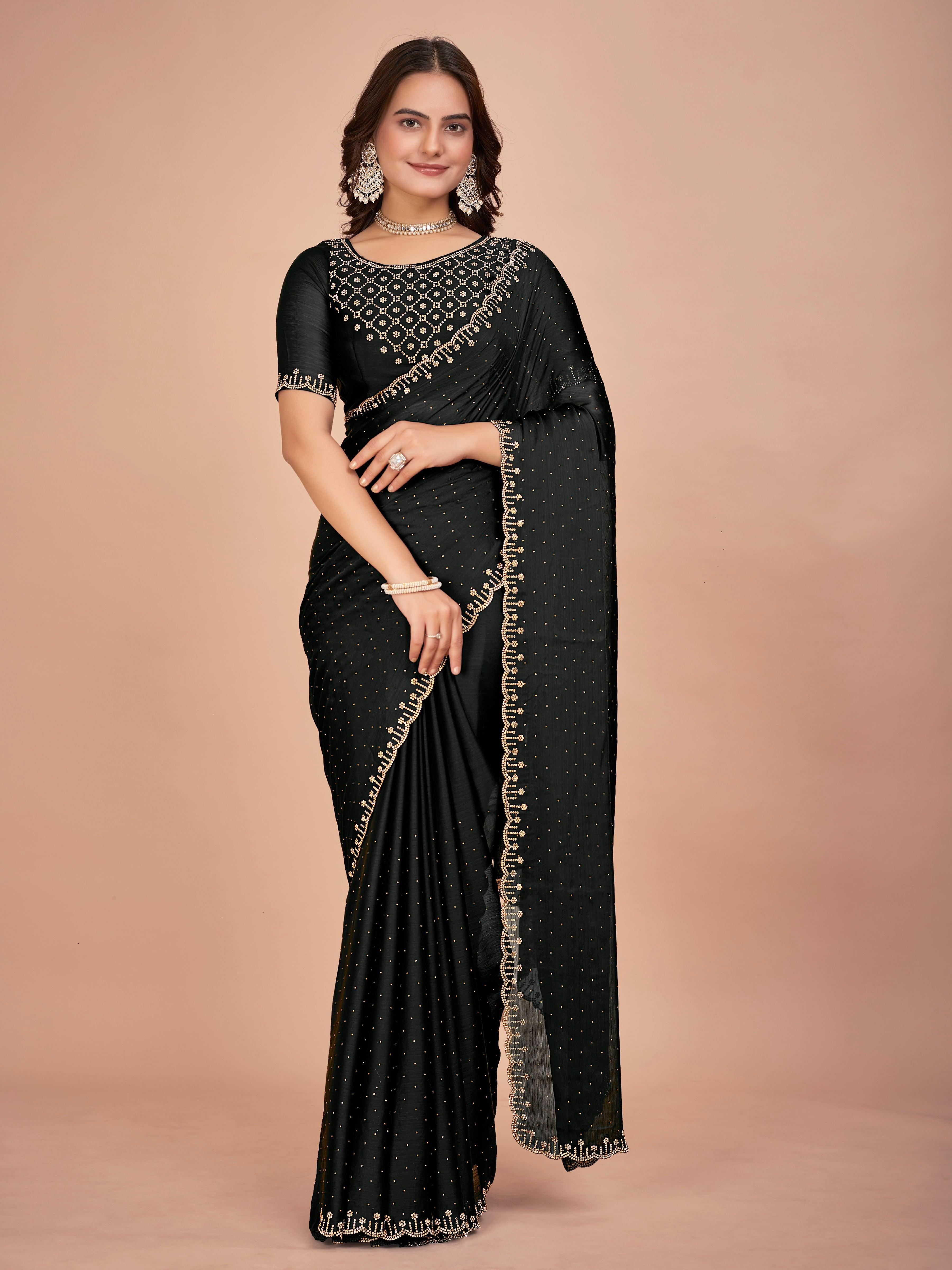 Mid Night Black Stonework Satin Designer Saree With Designer Blouse Navdhaaga