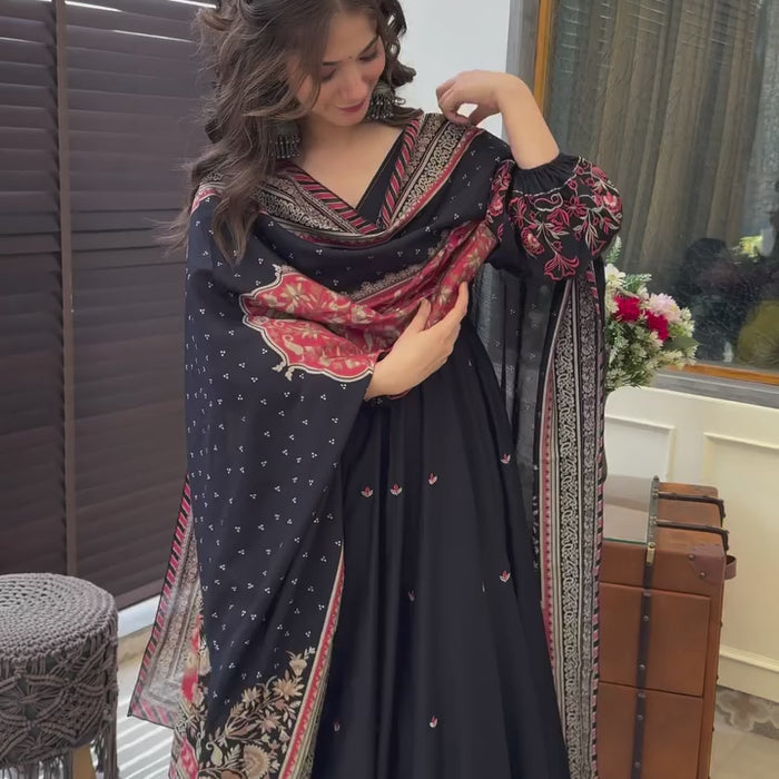 Black Cotton Anarkali with Digital Print Dupatta and Buttersilk Pants