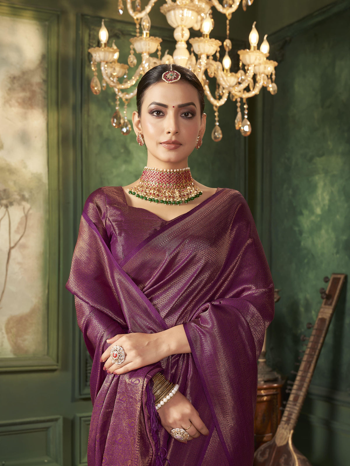 Luxurious purple Katan silk Banarasi saree with zari and matching blouse for special occasions.